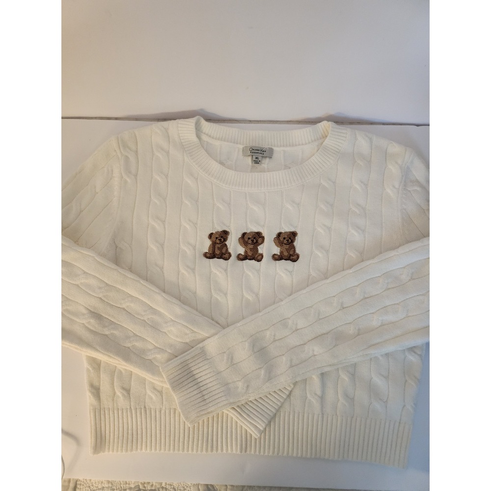Orange Kiss Essentials White Cable Knit Teddy Bear Embroidered Sweater XL